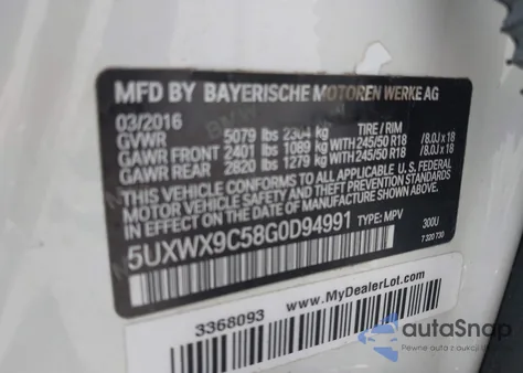 2016 BMW X3 xDrive28I z USA, uszkodzony, nr VIN 5UXWX9C58G0D94991
